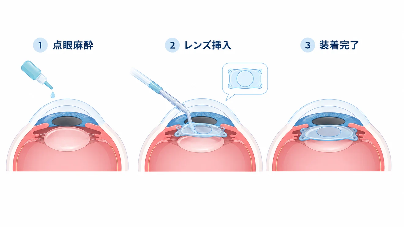 ICL手術の流れの模式図。点眼麻酔の後、小さな切開からレンズを挿入し、虹彩の後ろ・水晶体の前で位置を整える。